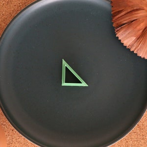 May include: A green triangle shape sits on a black plate. The plate is on a corkboard surface. A brown flower is in the upper right corner of the image.