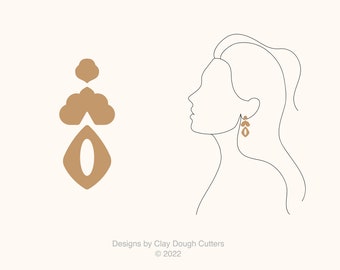 May include: A line drawing of a person's profile wearing a pair of dangle earrings. The earrings are made of three brown clay shapes. A separate image shows the three shapes that make up the earrings.