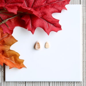 Puede incluir: Dos pequeños cortadores de galletas beige y bronceados con forma de maíz. Uno tiene forma de mazorca con tres líneas horizontales, y el otro tiene forma de grano de maíz. Hojas de otoño rojas y naranjas en el fondo.