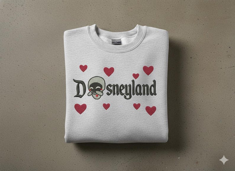 May include: A light gray sweatshirt with the word "Dsneyland" embroidered in black, featuring a cartoon skull character and red hearts. The sweatshirt is folded neatly on a neutral surface.