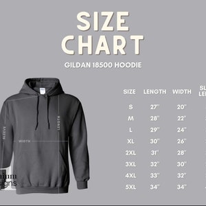 May include: A size chart for a Gildan 18500 hoodie, with measurements in inches. The chart includes sizes S to 5XL, with corresponding length, width, and sleeve length measurements. A gray hoodie is shown on the left.