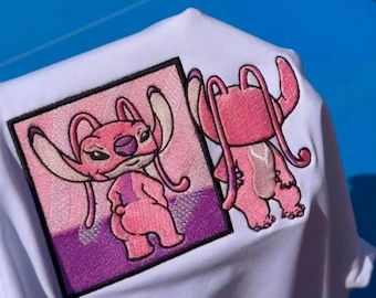 Sudadera bordada con ángel y Stitch, sudadera con capucha bordada con ángel flexionándose en el espejo, meme divertido de gimnasio, ropa de calle de anime de gran tamaño