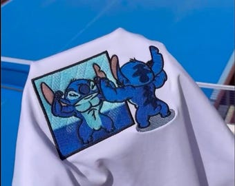 Stitch and Angel Embroidered Sweatshirt, Stitch Flexing in Mirror Embroidered Hoodie Tee,  Funny Gym Meme, Oversized Anime Streetwear