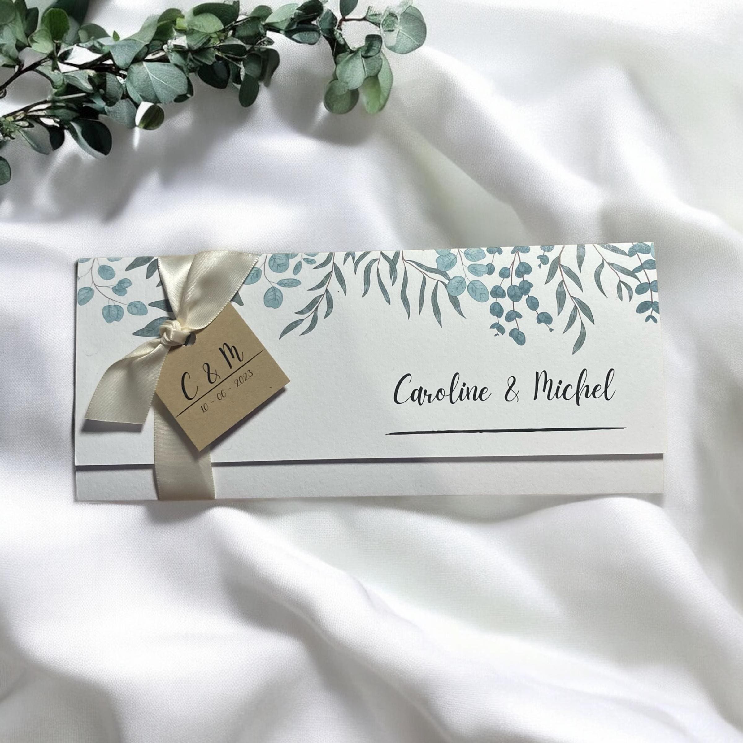 Faire part de mariage chic avec motifs eucalyptus