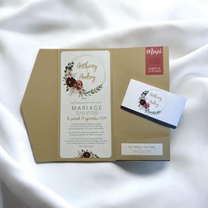 Faire part mariage pochette, bohème kraft, coupons réponse fleurs burgundy bordeau