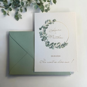 Natural white and green wedding announcement, dark and elegant chic design, natural eucalyptus