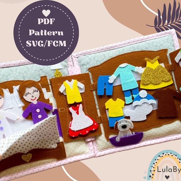 Quiet book felt doll pattern - Wardrobe with clothes & Bedroom, PDF Felt Pattern, SVG, FCM