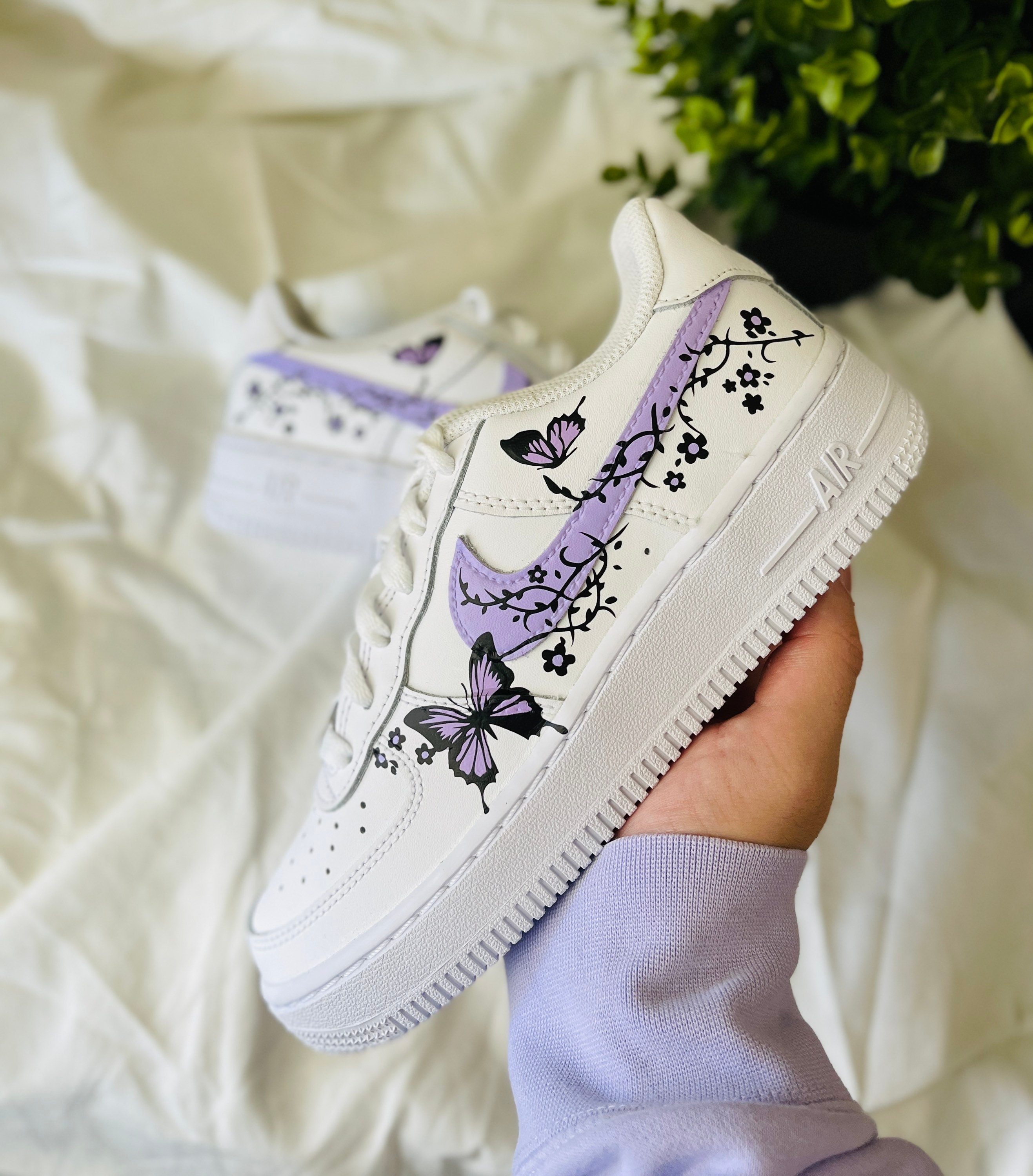 Nike Custom Air Force 1 "Lilac Cartoon" Shoes Black Drip Swoosh  Purple Men Women