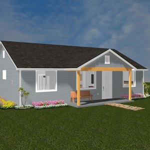 Może przedstawiać: Szary dom z zadaszonym gankiem i drewnianą ławką. Dom ma czarny dach i białe obramowania. Przed domem znajdują się kwiaty.