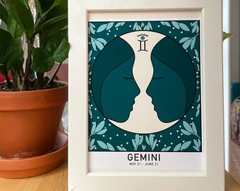 Gemini Zodiac: Twins | High Quality | Hand Printed | Illustrated Graphic Art Print | Astrology Series