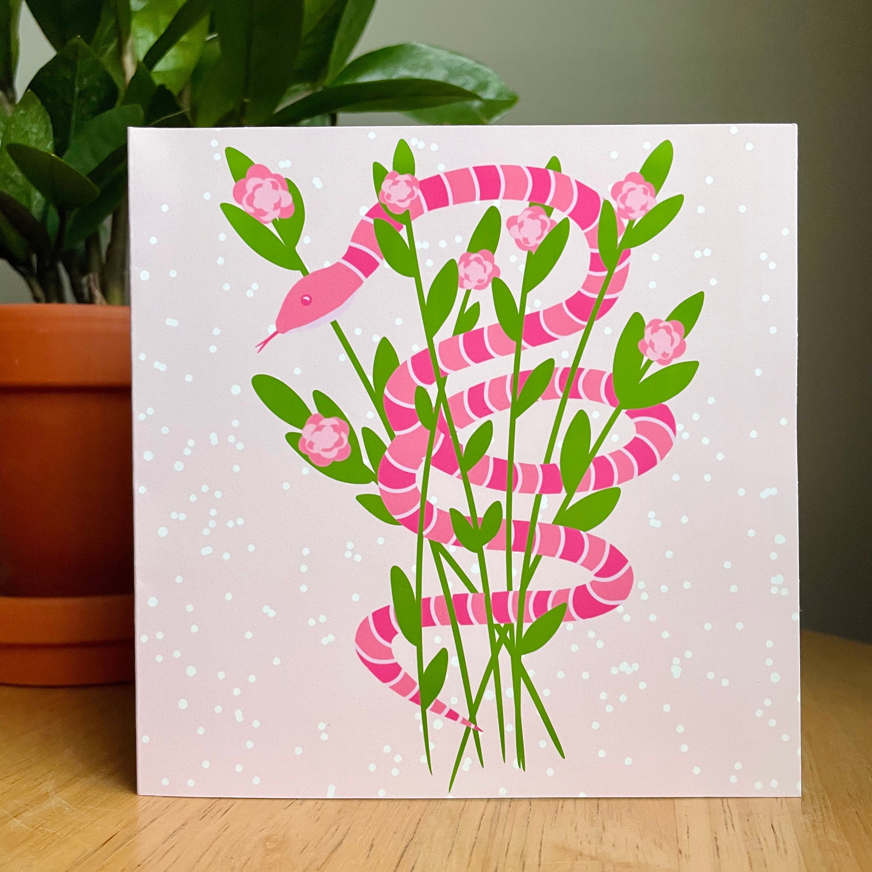 Pink Snake With Flowers & Greens Colorful Illustrated Greeting Card - Etsy