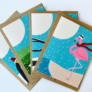 Festive Holiday Birds | Single Greeting Card or 4 Pack | Flamingo, Owl, Duck, Penguins | Colorful Illustrated Holiday Greeting Cards
