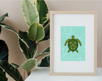 Sea Turtle Print | Colorful Illustrated Graphic Art Print | 5x7, 8x10, or Larger | Beach House Artwork