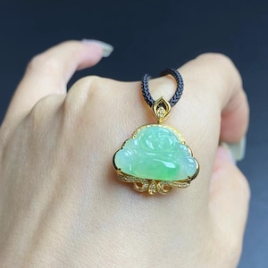 Jade buddha pendant natural jadeite buddhist charm icy jade apple green jadeite 18K solid yellow gold natural diamonds certificate