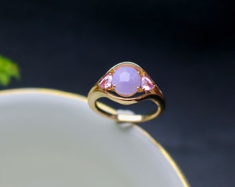 Lavender jade ring natural purple jadeite pink sapphire 18k gold with certificate
