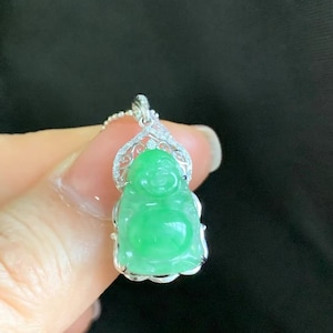 Apple Green Jade Pendant | Green Jade Buddha | Green Apple Jadeite | Buddha Necklace | 18K White Gold | Natural Diamonds | Certified