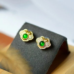 Jade Crest Earrings With 18K Yellow Gold Natural Diamonds Jadeite Earrings Vivid Green Imperial Jade Earrings Natural Type A Certified