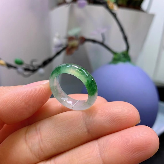 Natural Jadeite Ring • Icy White with Imperial Green • Untreated Grade A Jade • Translucent Type A Jadeite Band