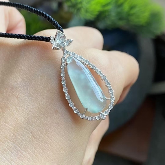 Icy Jade Pendant - Rare Jadeite Charm - 18K Solid White Gold With