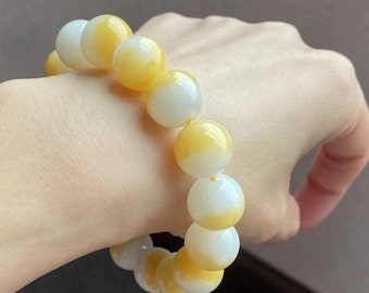 Pulseira frisada natural de jade de mel com contas de jade brancas certificadas