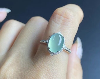 Icy light bluish green jade cabochon ring natural clear jadeite stone set in 18k white gold and natural diamonds with certificate