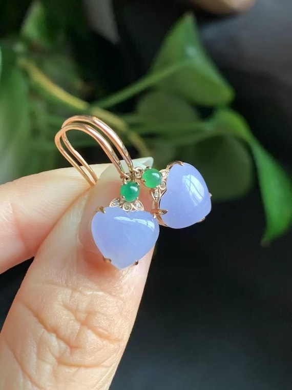 Lavender Jade Earrings | Jadeite Heart Earrings | Purple Jade Dangle Earrings | 18K Gold Earrings | Natural Diamonds | Certified Jade