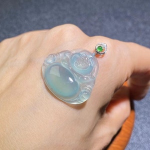 Icy bluish green jade buddha pendant natural jadeite necklace 18k white gold setting with certificate
