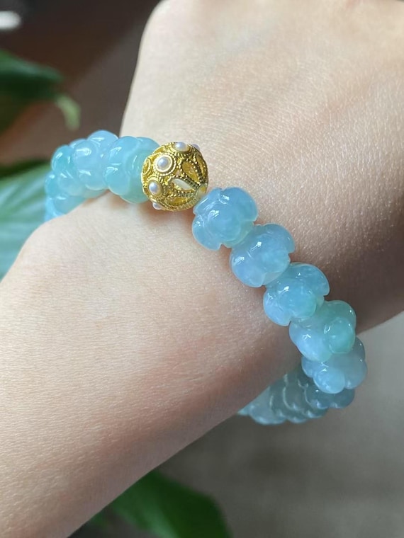 Carved Jade Bracelet Icy Green Jadeite Bracelet 18K Yellow