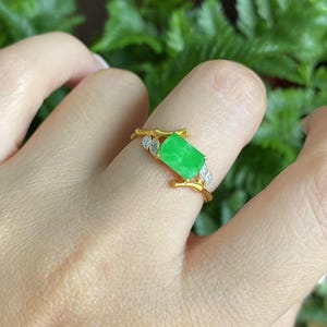 Natural Jadeite Bamboo Ring | 18K Yellow Gold with Diamonds | Unique Green Jade Ring | Type A Jade Jewelry