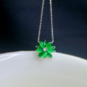 Green jade pendant natural vivid icy jadeite floral charm 18k white gold setting with certificate