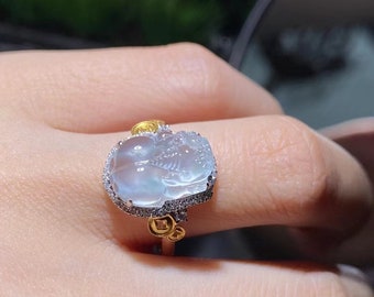Icy White Jadeite Pixiu Ring, 18k Gold Diamond Setting