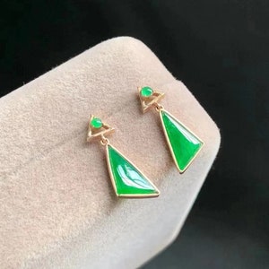 Jade earrings / natural type-A jadeite / Green jade / with certificate / jadeite triangle earrings / vivid green jade earrings / natural