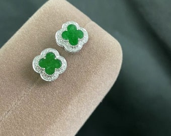 Jade Clover Studs | Green Jade Earrings | Jadeite Studs | Natural Diamond Studs | Grade A Jadeite | Green Jadeite Studs | Certified Jade