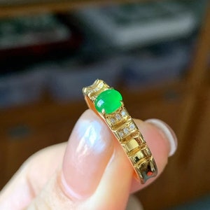 Jade engagement ring natural icy green jadeite 18k solid yellow gold band geometric segmented design ring natural diamonds certified