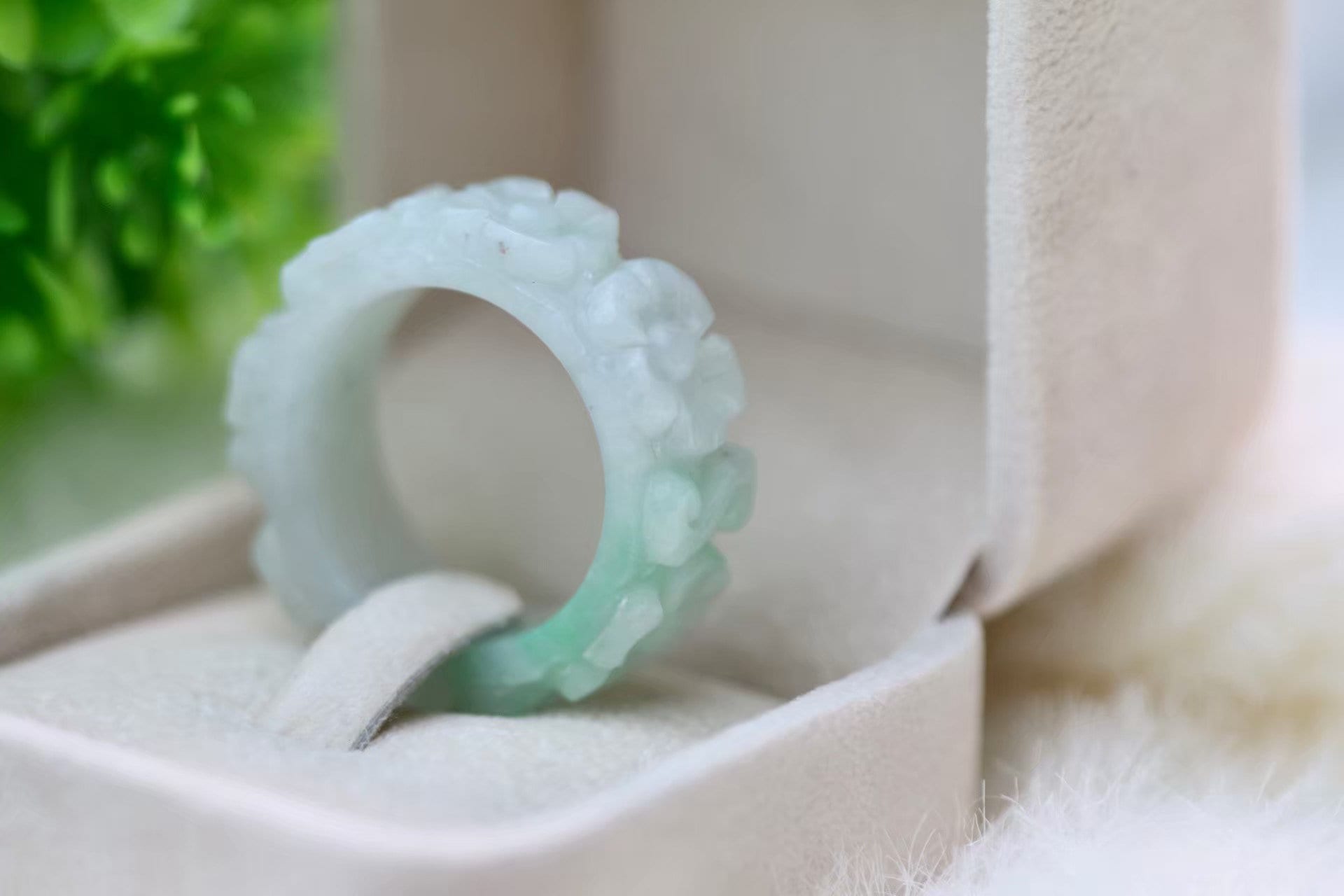 Hand Carved Certified Rare Jade Ring Floral Carved White Apple