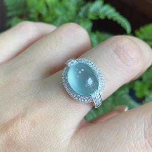 Jade Statement Ring - Natural Green Jadeite - Bluish Green Jade Ring - 18K Solid White Gold - Natural Diamonds - Luxury Jadeite Ring