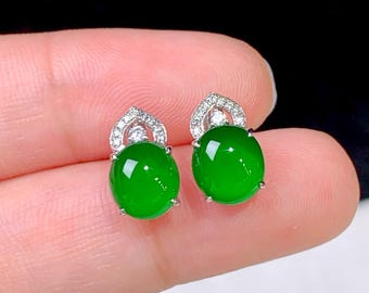 Imperial Green Jade Studs - Icy Green Jadeite Earrings - 18K White Gold and Natural Diamonds