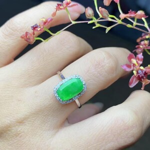 Jade Cushion Ring - Icy Green Jadeite Rectangular Cabochon Ring - Natural Grade A Jadeite Ring - 18K White Gold Diamond Statement Ring