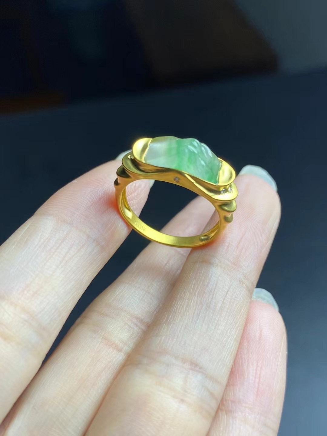 Jade Ring Natural Icy White and Green Shard Jadeite Ring 18k Yellow ...