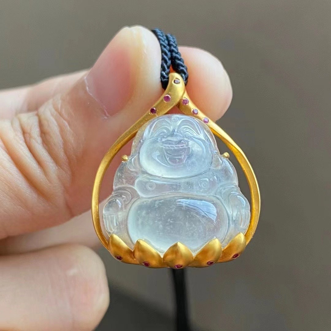 Jade Buddha Pendant Icy Jade Pendant White Jade Necklace Jadeite Buddha Grade A Jade 18K Solid