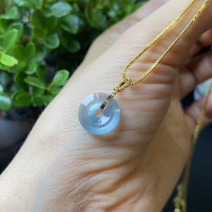 Soft Icy Blue Jade Charm | Natural Jadeite Pendant | Type A Jade Necklace | Grade A Jadeite | 18K Solid Yellow Gold Setting