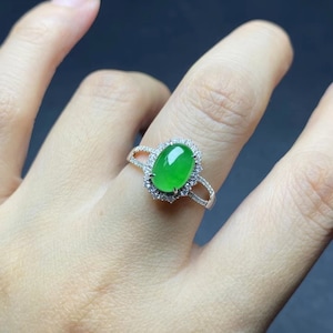 Imperial green jade ring natural icy green jadeite set in 18k white gold natural diamonds certified