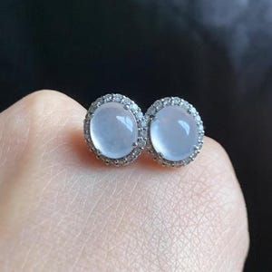 Icy Jade Earrings - Natural White Jadeite Studs - 18K Solid White Gold - Natural Diamonds
