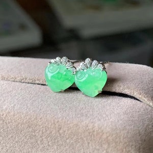 Apple green jade studs natural icy green jadeite earrings heart shaped jade studs type a jadeite 18k white gold natural diamonds certified