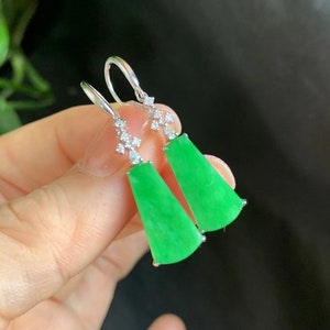 Apple Green Jade | Natural Jade Earrings | 18K White Gold | Natural Diamonds | Green Jadeite Earrings | Grade A Jade | Certified