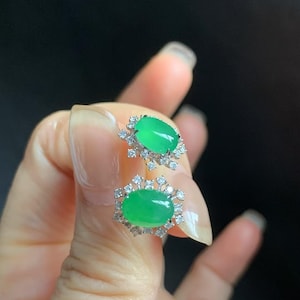 Jade Studs | Icy Green Jade Earrings | Natural Type A Jade Cabochon | Diamond Studs | Grade A Jade | Certified Jadeite Studs