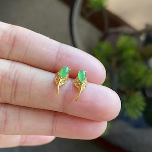 Green Jade Earrings - Icy Green Jadeite in 18K Yellow Gold  and Diamond Setting - Jade Studs - Grade A Jadeite Studs - 18K Gold Studs