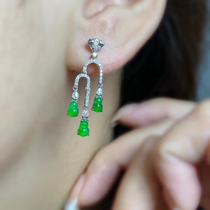 Jade Earrings | Natural jadeite | apple green jade | gourd earrings | type a jadeite | grade a jade | 18k white gold | diamond earrings