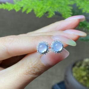 Natural Jadeite Stud Earrings | Icy White Jade in 18K White Gold with Diamonds Studs | Fine Jade Jewelry Gift For Her | Type A Jade Earrings