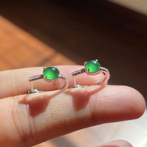 Imperial Green Jade Huggie Earrings - Yellow Jadeite Hoop Earrings - Natural Grade A Jade - 18K White Gold with Natural Diamonds
